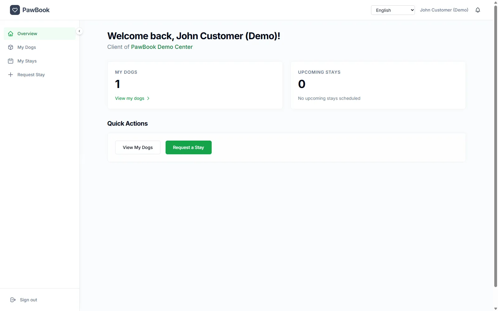 Pawbook customer portal where a pet owner manages their dogs and stay requests